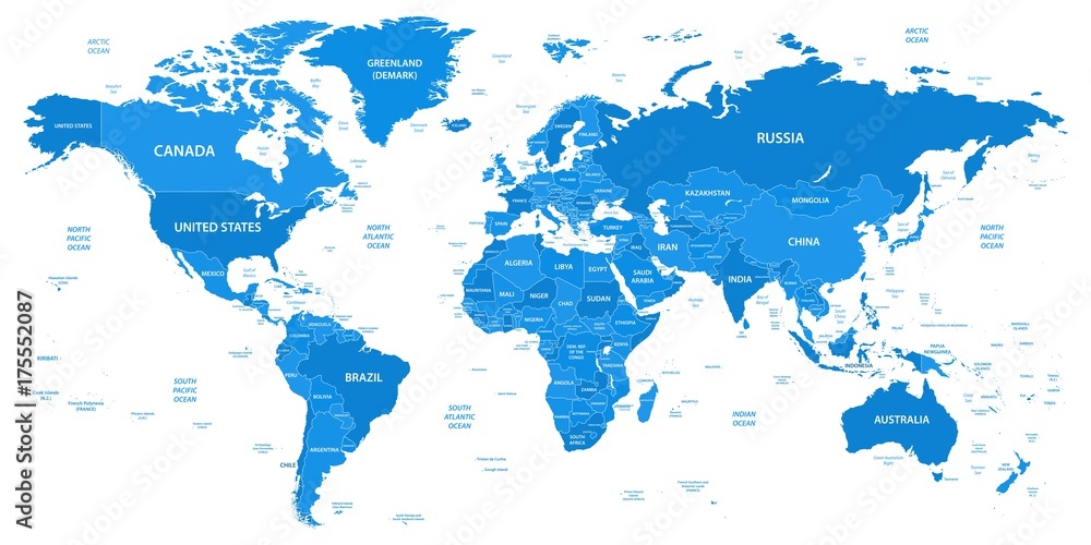 Detailed world map with borders, countries - obrazy, fototapety, plakaty 