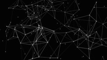 Black White Plexus With Dots, Lines, Triangles. Background Information For Social Networks, The Internet, Science, Computer Networks, Technologies.