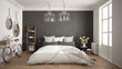 Scandinavian minimalist bedroom with big window and herringbone parquet, white and gray interior design