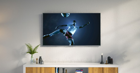 Wall Mural - 3D illustration of a living room led tv on white wall showing soccer game moment .