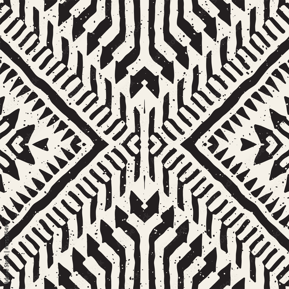 Black and white tribal vector seamless pattern with doodle elements ...