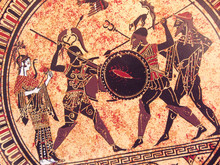 Detail From An Old Historical Greek Paint Reproduction Over A Terracotta Dish. Unknown Mythical Heroes And Gods Fighting On It