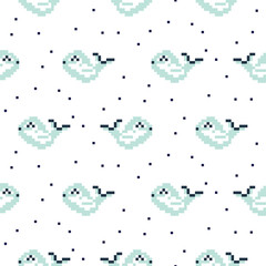 Wall Mural - Light blue whale cartoon pixel art seamless vector pattern. Funny kid animal repeat background for textile and wallpaper design.