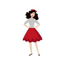 Vector Flat Cartoon Beautiful Young Woman In Red Felt Beret, Long Dress Smiling. French, Parisian Style Female Portrait Full Length. Isolated Illustration Ona White Background.