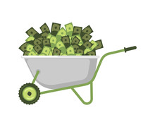 Wheelbarrow And Money. Cash In Garden Trolley. Vector Illustration