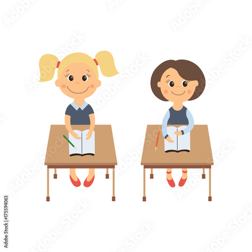 Vector Flat Cartoon Cute Schoolgirl Characters With Brown Hair