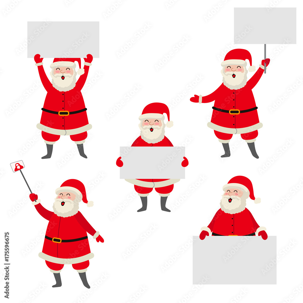 Cartoon set of Santa Claus holding blank, empty board, poster, making ...