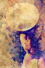 Poster - shamanic girl with frame drum on abstract structured background.