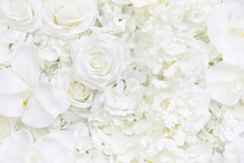 Decoration Artificial White Roses Flower Bouquet As A Floral Wallpaper With Soft Focus And Copy Space. White Rose And Orchid Petals Background For Valentines Day Or Wedding Ceremony.