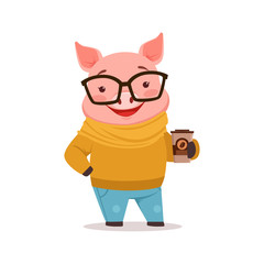 Wall Mural - Cute happy pig dressed up in sweater and jeans standing with coffee cup, funny cartoon animal dressed in human clothes vector Illustration