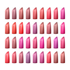 Sticker - Lipstick Palette Vector. Different Colors Of Red And Pink. Glossy Lipstick For Woman Lips Make Up. Isolated Illustration