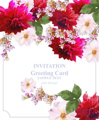 Invitation Card floral vector. Colorful beautiful flowers. Fuchsia and red colors