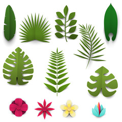 Wall Mural - Set of cartoon tropical leafs and flowers in paper cut trendy craft style. Modern design for advertising, branding greeting card, cover, poster, banner. Vector illustration.