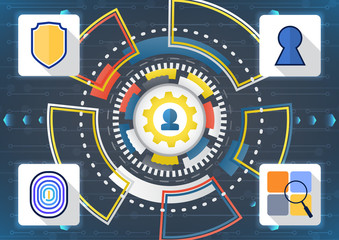 Wall Mural - cyber security concept vector illustration. shield with keyhole, finger print and setting security s
