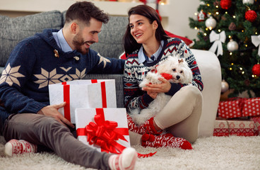 Wall Mural - Christmas time- girl getting puppy for Christmas.