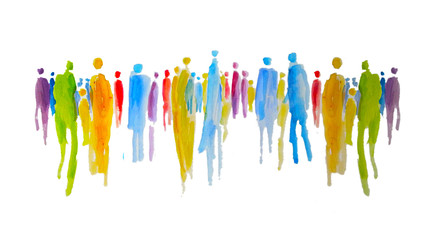 silhouette von vielen bunten menschen in einer gruppe, menschengruppe, zusammenhalt und gemeinschaft