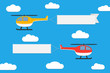 Flying helicopters with banners. Set of advertising ribbons on blue sky background. Vector illustration.