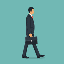 Businessman With Briefcase Walking To Work. Vector Illustration Flat Design. Male Cartoon Character. Office Manager In A Business Suit With Tie. Confident Man. Isolated On Background. Go Ahead.