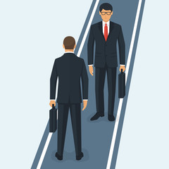 Wall Mural - Two businessmen meeting on narrow road. Business people in suits with briefcase stand facing each other. Vector illustration flat design. Isolated on white background. Obstacle is on the way.