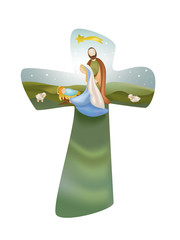 Wall Mural - Cross with christmas nativity scene