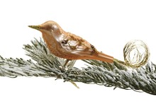 Copper Bird Christmas Ornament On Snow-covered Fir Branch