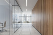 Glass and wooden office corridor