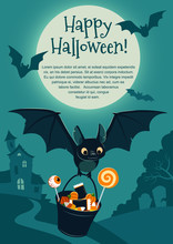Vector Illustration Of A Cute Flying Black Bat Carrying A Bucket Filled With Candy, On Purple Background With A Tree And Haunted House In The Distance And Full Moon. Blank Template For Halloween Theme