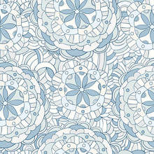 Unique Hand Drawn Vector Pattern In Pale Blue Colors With Floral Mandala Motifs For Textile And Paper Designs