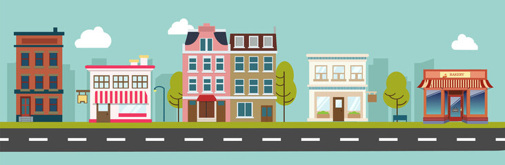 Wall Mural - City street and store buildings vector illustration, a flat style design.