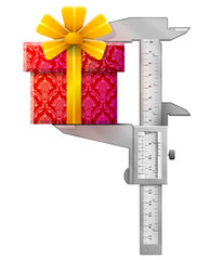 Wall Mural - Vertical vernier caliper measures gift. Concept of gift box and measuring tool. Best vector illustration for holiday, packaging supplies, congratulation, gift wrapping, packaging, etc