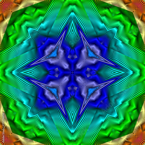 Zdjęcie XXL streszczenie niebieski wzór zielony fraktal symetryczne