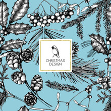 Vector Background With Hand Drawn Winter Trees Sketch. Seamless Pattern With Traditional Christmas Plants And Flowers. Vintage Holiday Decor. 