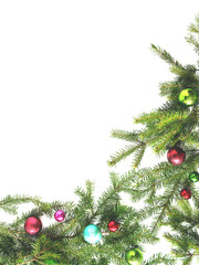 Wall Mural - Christmas tree branches with toy balls isolated on white background. View from above. top view. Christmas, New Year background.