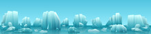 Vector Wide Web Banner Illustration Of Arctic Landscape With Icebergs And Mountains. Winter Panorama Background.