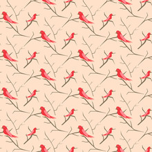 Birds On Branches Pink Cute Pattern Seamless Vector. Simple Pastel Red Colored Nestlings On Trees For Print On Fabric.