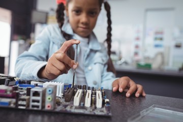 Wall Mural - Elementary girl assembling circuit board at electronics lab