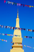 That Luang Stupa, Landmark Of Vientiane, Lao PDR, Decorated With Colourful Pennant Banners During Annual Celebration Of Boun That Luang Festival