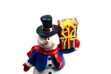 snowman with gift box on white background isolated