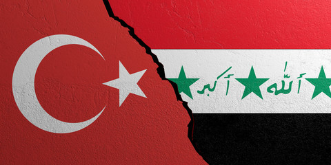 Poster - Iraq and Turkey flag, plastered wall background. 3d illustration