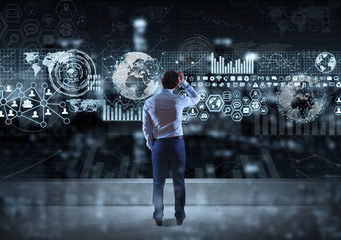Poster - Businessman watching graph screens interface on a rooftop 3D rendering
