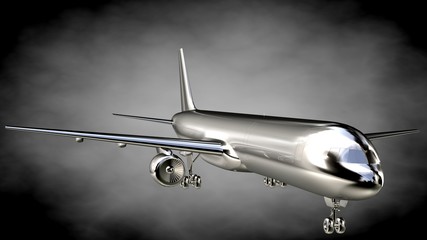  3d rendering of a metalic reflective airplane on a dark background