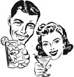 Smiling 1950s couple raising a toast with cocktail glasses