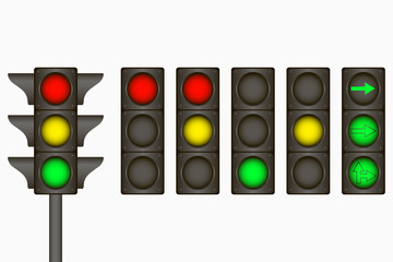 Wall Mural - Traffic light. Electric sign for regulate traffic on the road with red, yellow, green lamps and arrows. Vector illustration.