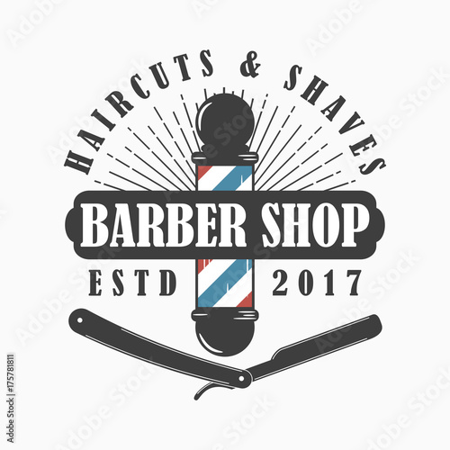 barber shop logo hairdressing salon template emblem with barber pole straight razor and sunburst vector illustration buy this stock vector and explore similar vectors at adobe stock adobe stock