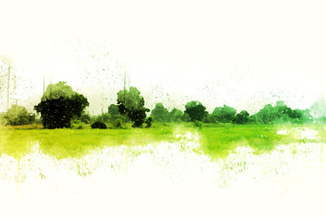 abstract colorful tree and landscape tree on watercolor painting background.
