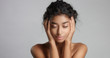 © Anastasia - happy serene young woman with beautiful olive skin and curly hair ideal skin and brown eyes