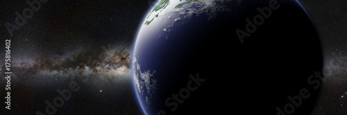 Plakat planeta Ziemia przed jasną galaktyką Mlecznej Drogi