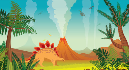 Poster - Prehistoric nature landscape - volcanoes, dinosaurs, plants.