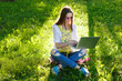 © 4frame group - Young woman with laptop sitting on green grass in the park at sunset
