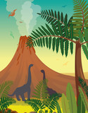 Fototapeta Dinusie - Prehistoric nature - volcano, dinosaur, plants